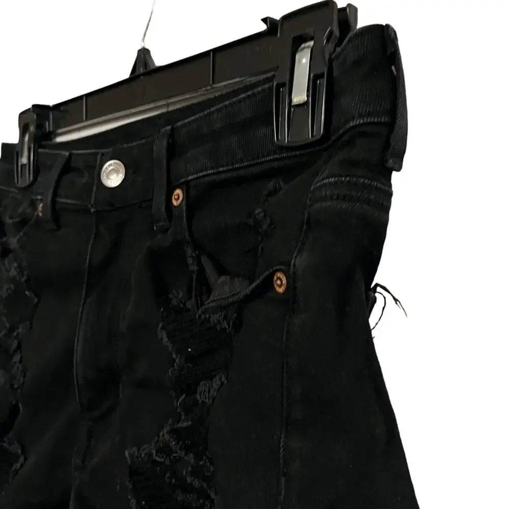 AMERICAN EAGLE MOM SHORTS Solid Black Zip Fly High Rise Roll Cuff Jeans Denim  4